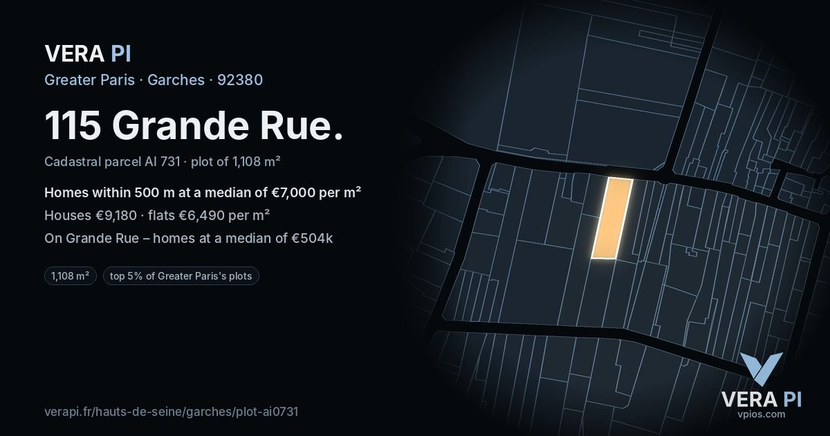 115 Grande Rue, Garches at night – the plot lit, the parcels around coloured by the prices near them