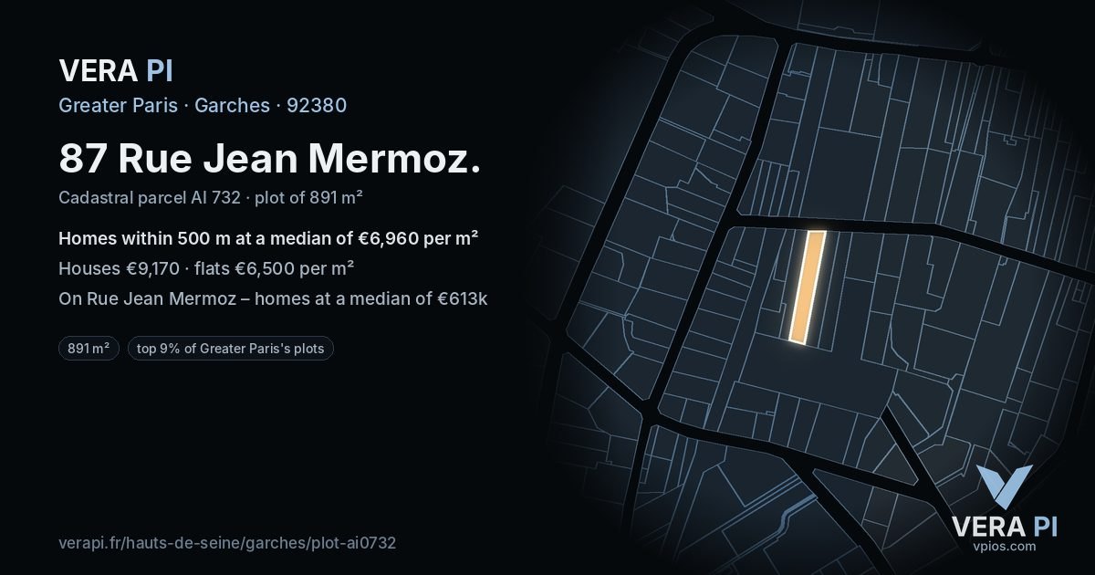 87 Rue Jean Mermoz, Garches at night – the plot lit, the parcels around coloured by the prices near them