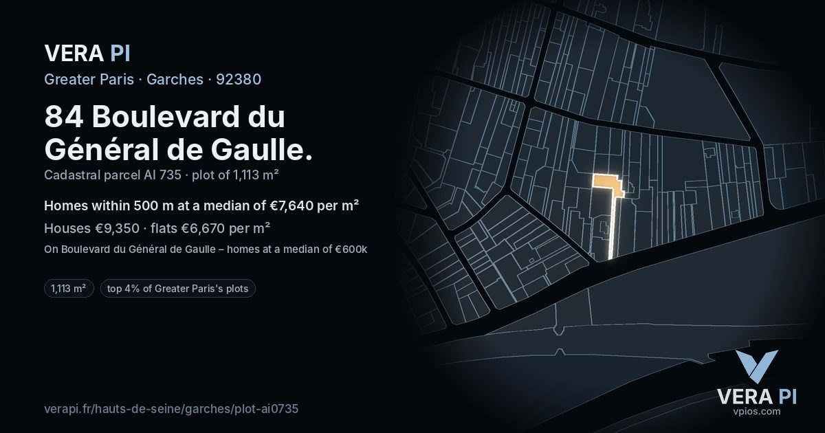 84 Boulevard du Général de Gaulle, Garches at night – the plot lit, the parcels around coloured by the prices near them