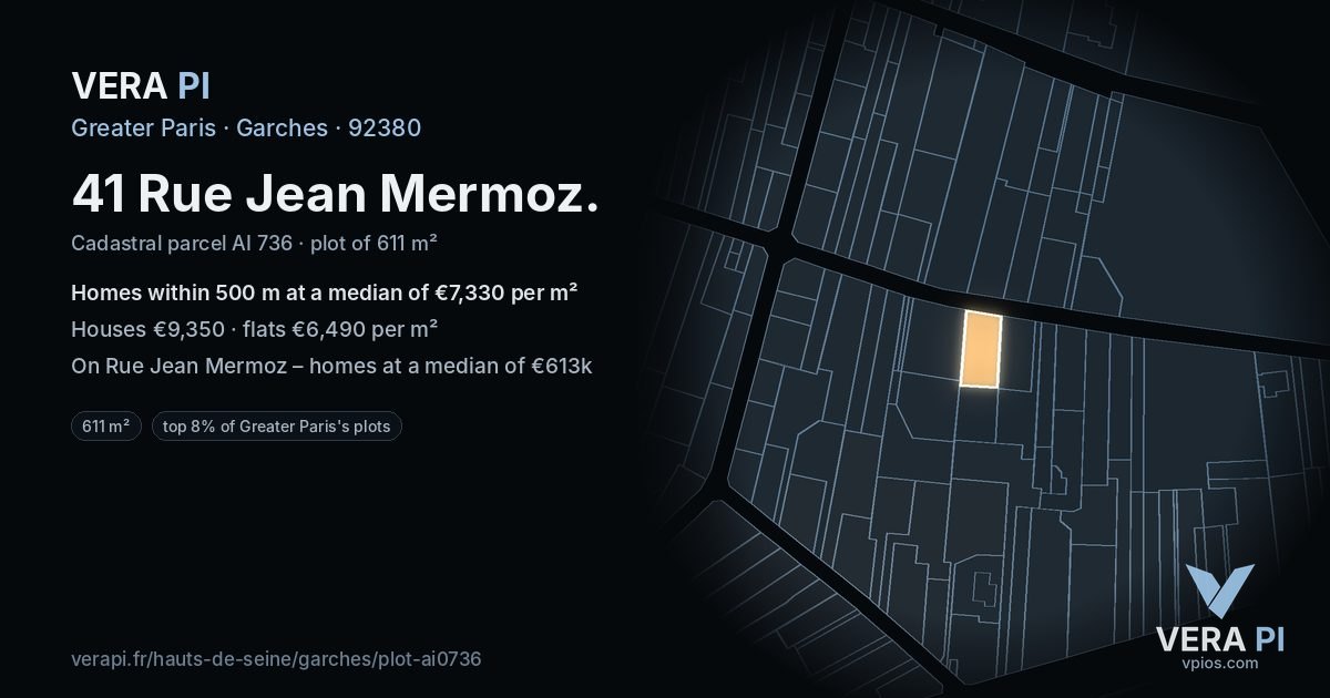 41 Rue Jean Mermoz, Garches at night – the plot lit, the parcels around coloured by the prices near them