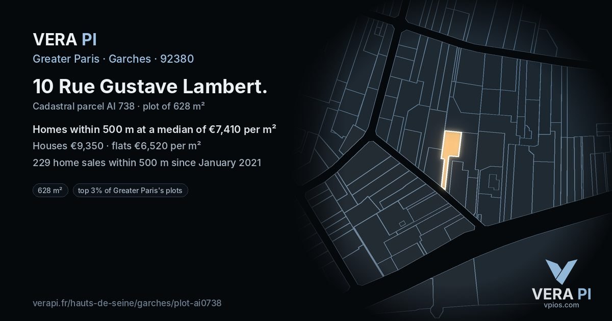 10 Rue Gustave Lambert, Garches at night – the plot lit, the parcels around coloured by the prices near them