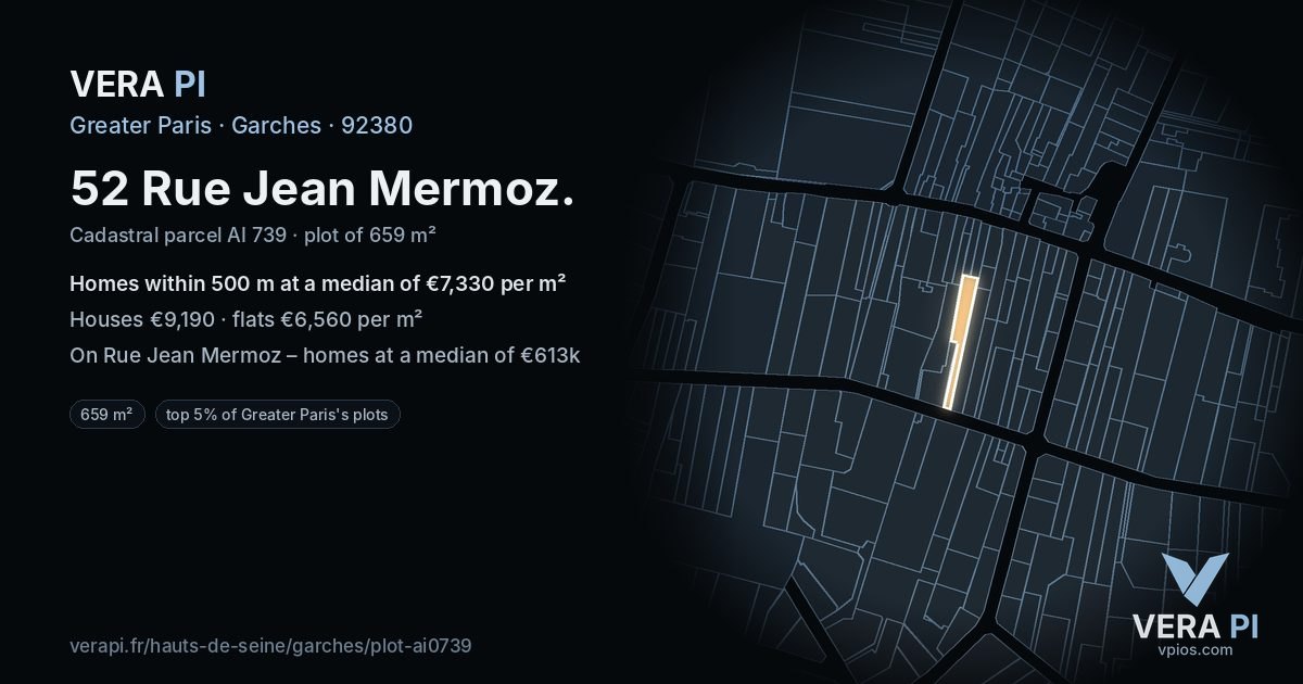52 Rue Jean Mermoz, Garches at night – the plot lit, the parcels around coloured by the prices near them
