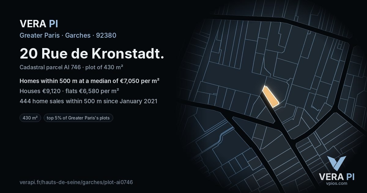 20 Rue de Kronstadt, Garches at night – the plot lit, the parcels around coloured by the prices near them