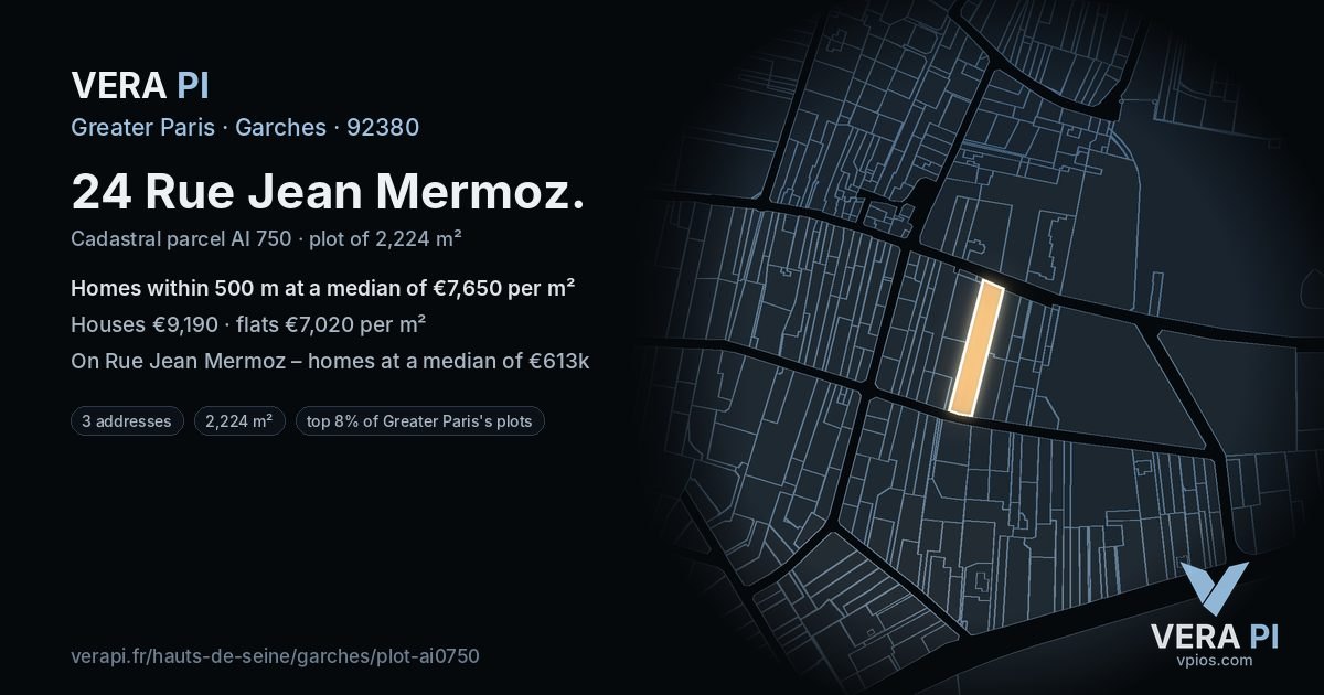 24 Rue Jean Mermoz, Garches at night – the plot lit, the parcels around coloured by the prices near them