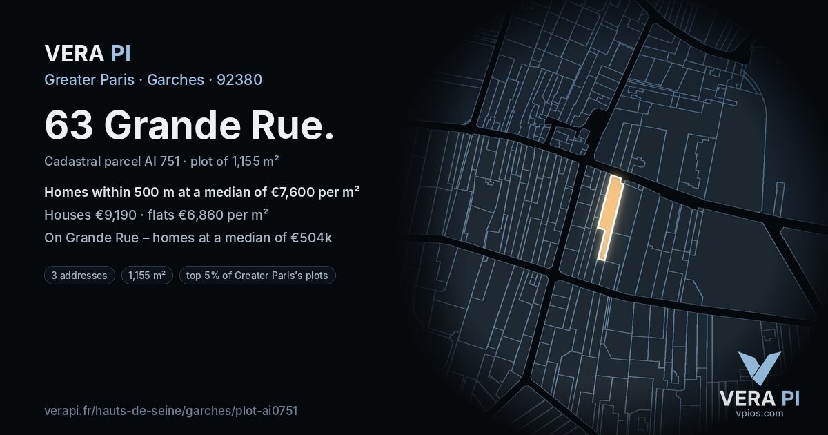 63 Grande Rue, Garches at night – the plot lit, the parcels around coloured by the prices near them