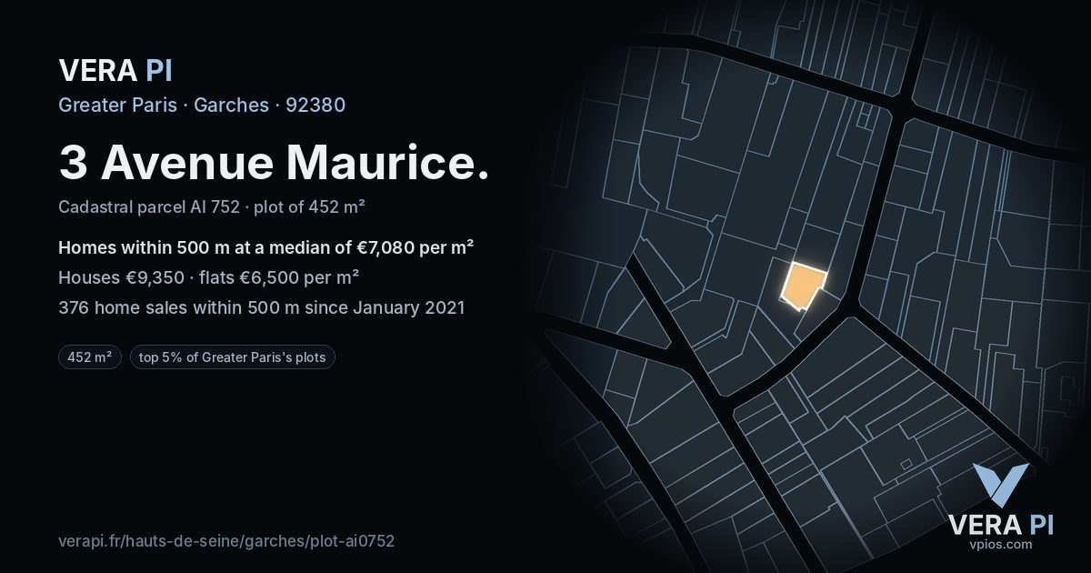 3 Avenue Maurice, Garches at night – the plot lit, the parcels around coloured by the prices near them