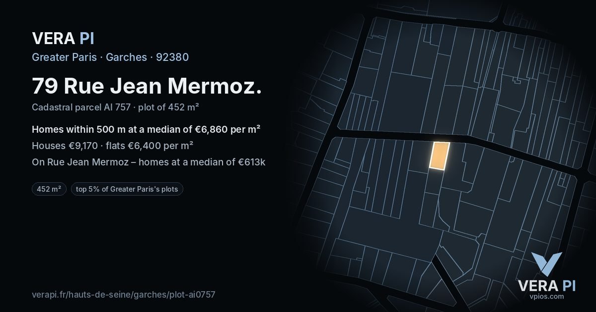 79 Rue Jean Mermoz, Garches at night – the plot lit, the parcels around coloured by the prices near them