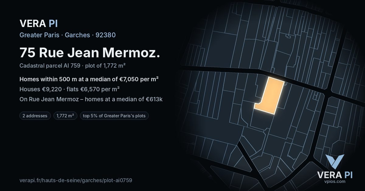 75 Rue Jean Mermoz, Garches at night – the plot lit, the parcels around coloured by the prices near them