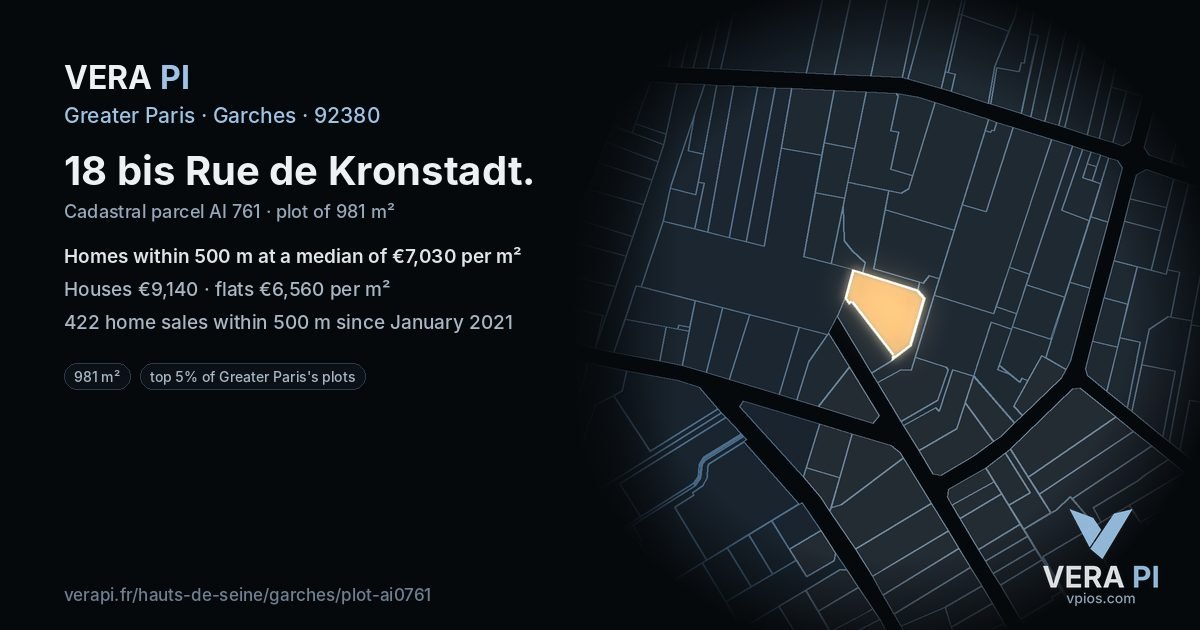 18 bis Rue de Kronstadt, Garches at night – the plot lit, the parcels around coloured by the prices near them