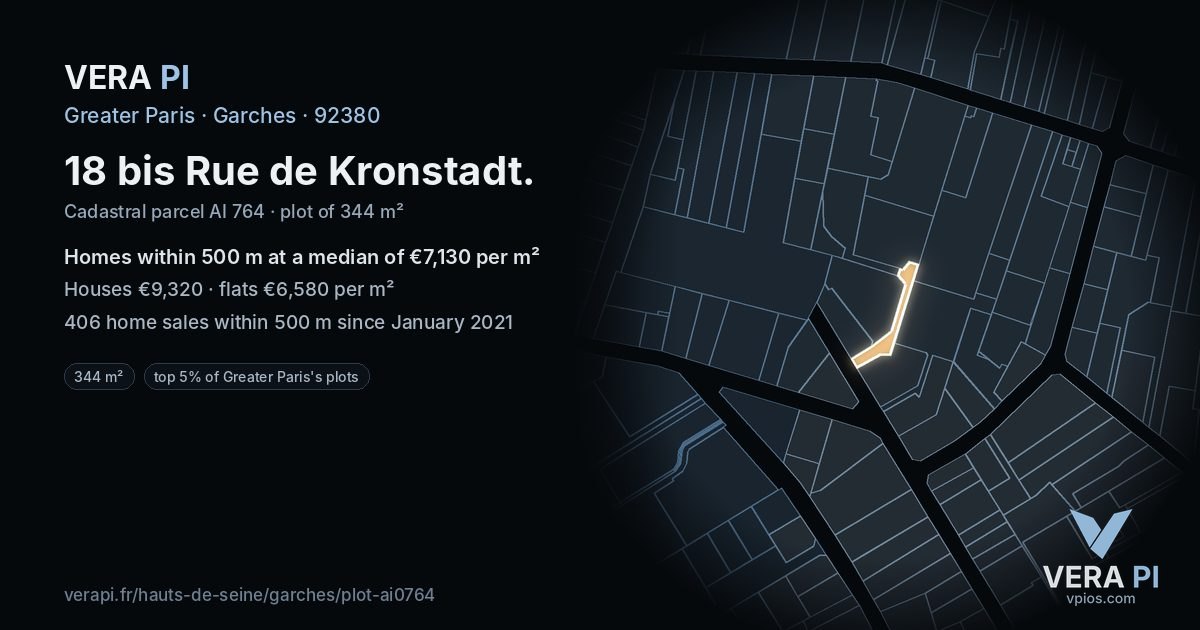 18 bis Rue de Kronstadt, Garches at night – the plot lit, the parcels around coloured by the prices near them