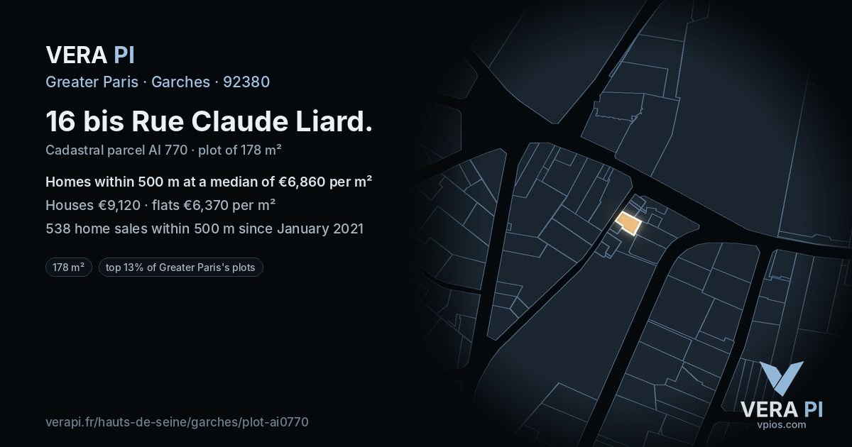 16 bis Rue Claude Liard, Garches at night – the plot lit, the parcels around coloured by the prices near them