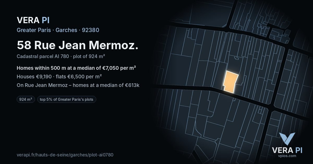 58 Rue Jean Mermoz, Garches at night – the plot lit, the parcels around coloured by the prices near them
