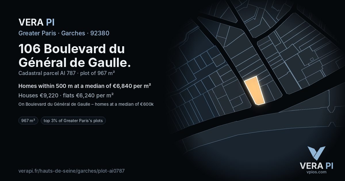106 Boulevard du Général de Gaulle, Garches at night – the plot lit, the parcels around coloured by the prices near them