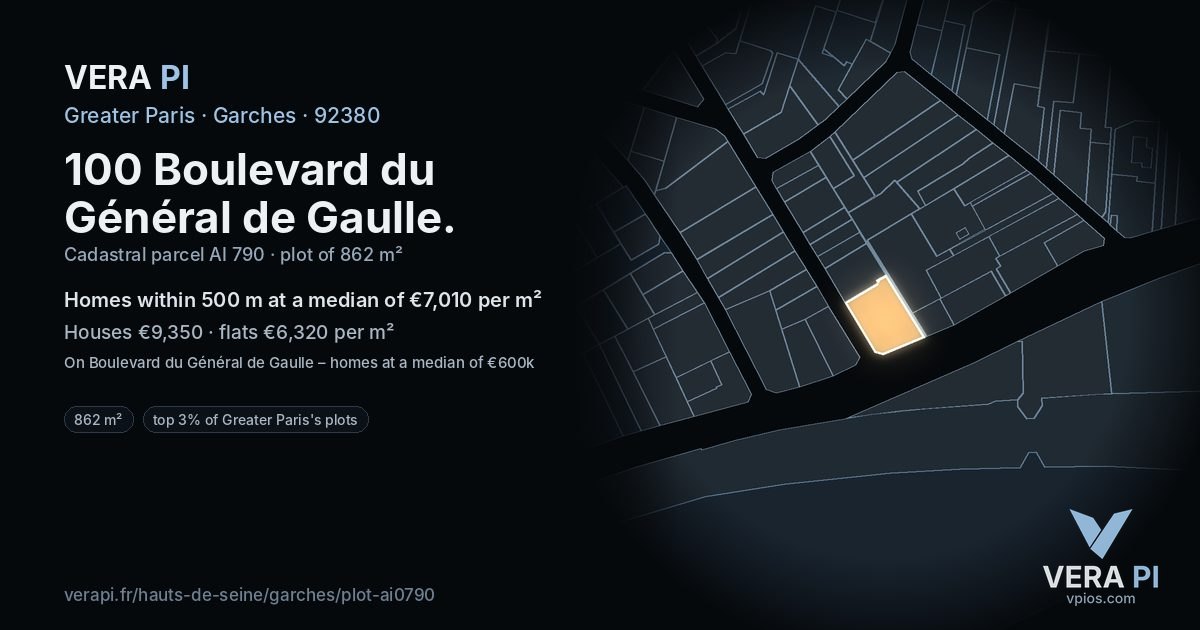 100 Boulevard du Général de Gaulle, Garches at night – the plot lit, the parcels around coloured by the prices near them