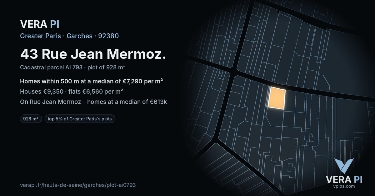 43 Rue Jean Mermoz, Garches at night – the plot lit, the parcels around coloured by the prices near them