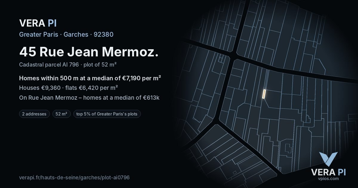 45 Rue Jean Mermoz, Garches at night – the plot lit, the parcels around coloured by the prices near them