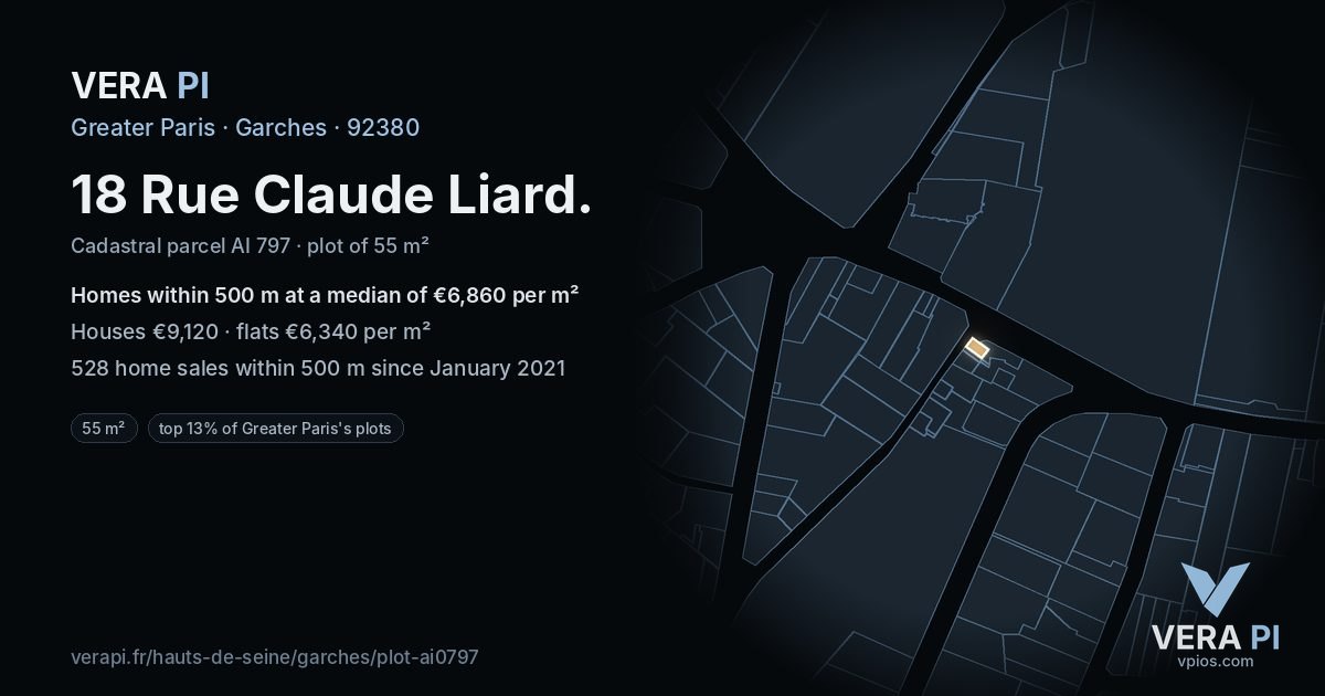 18 Rue Claude Liard, Garches at night – the plot lit, the parcels around coloured by the prices near them