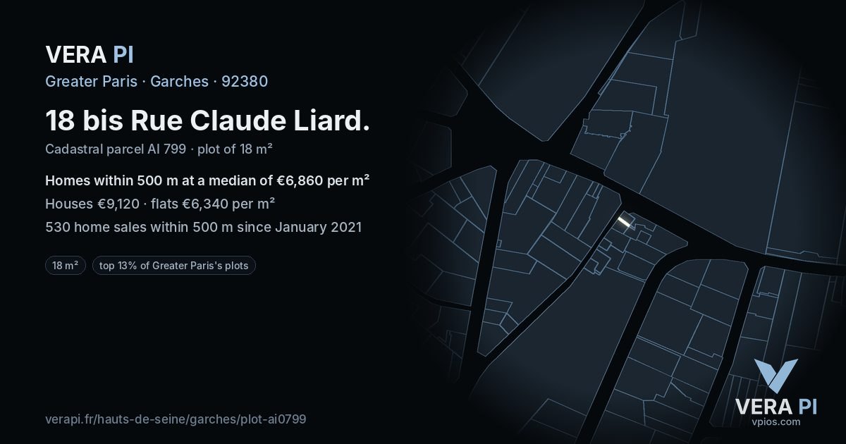 18 bis Rue Claude Liard, Garches at night – the plot lit, the parcels around coloured by the prices near them