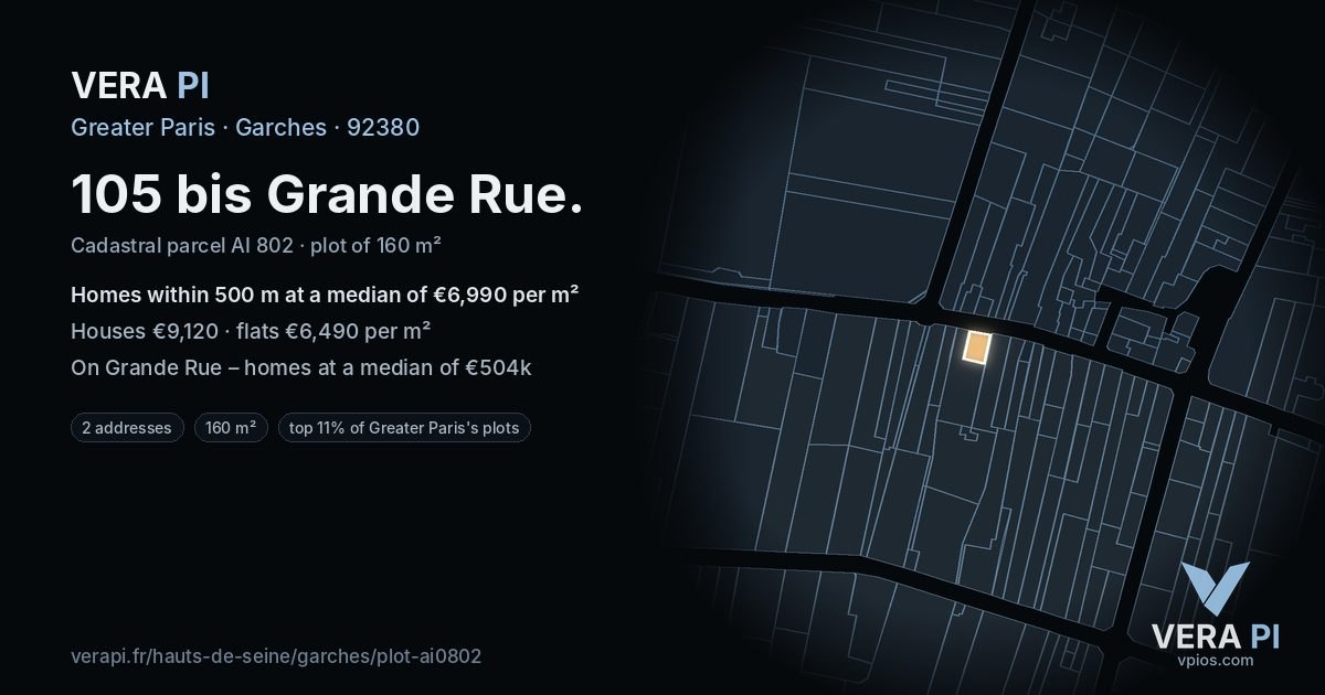 105 bis Grande Rue, Garches at night – the plot lit, the parcels around coloured by the prices near them