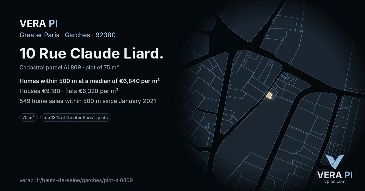 10 Rue Claude Liard, Garches at night – the plot lit, the parcels around coloured by the prices near them