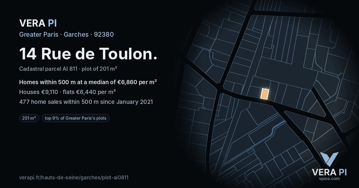 14 Rue de Toulon, Garches at night – the plot lit, the parcels around coloured by the prices near them