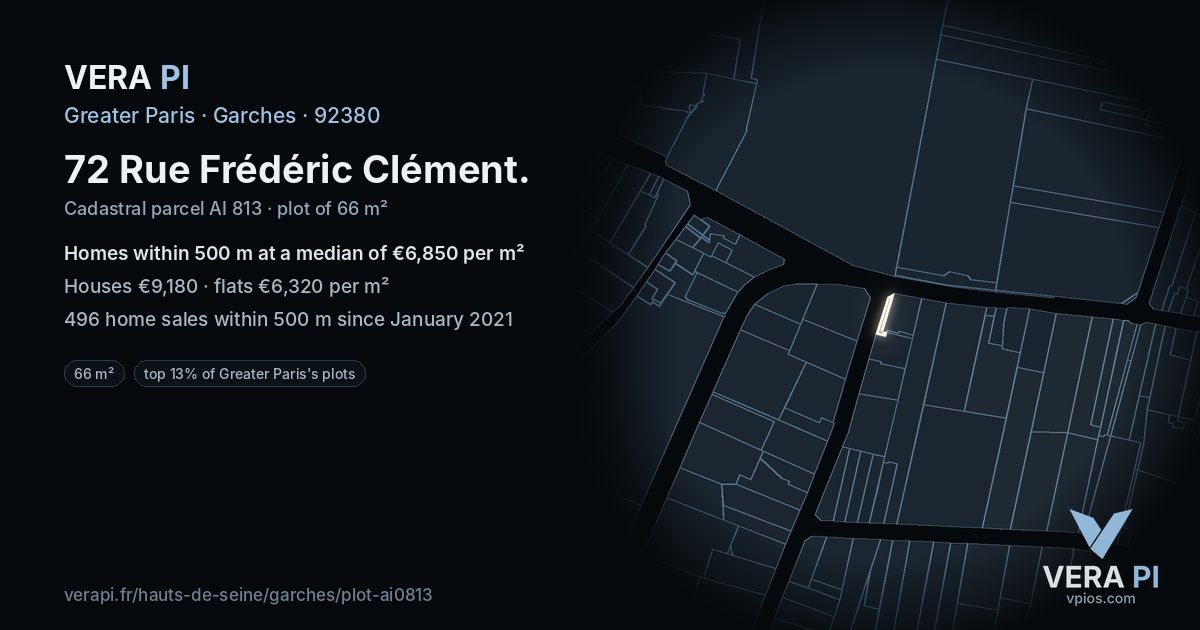 72 Rue Frédéric Clément, Garches at night – the plot lit, the parcels around coloured by the prices near them