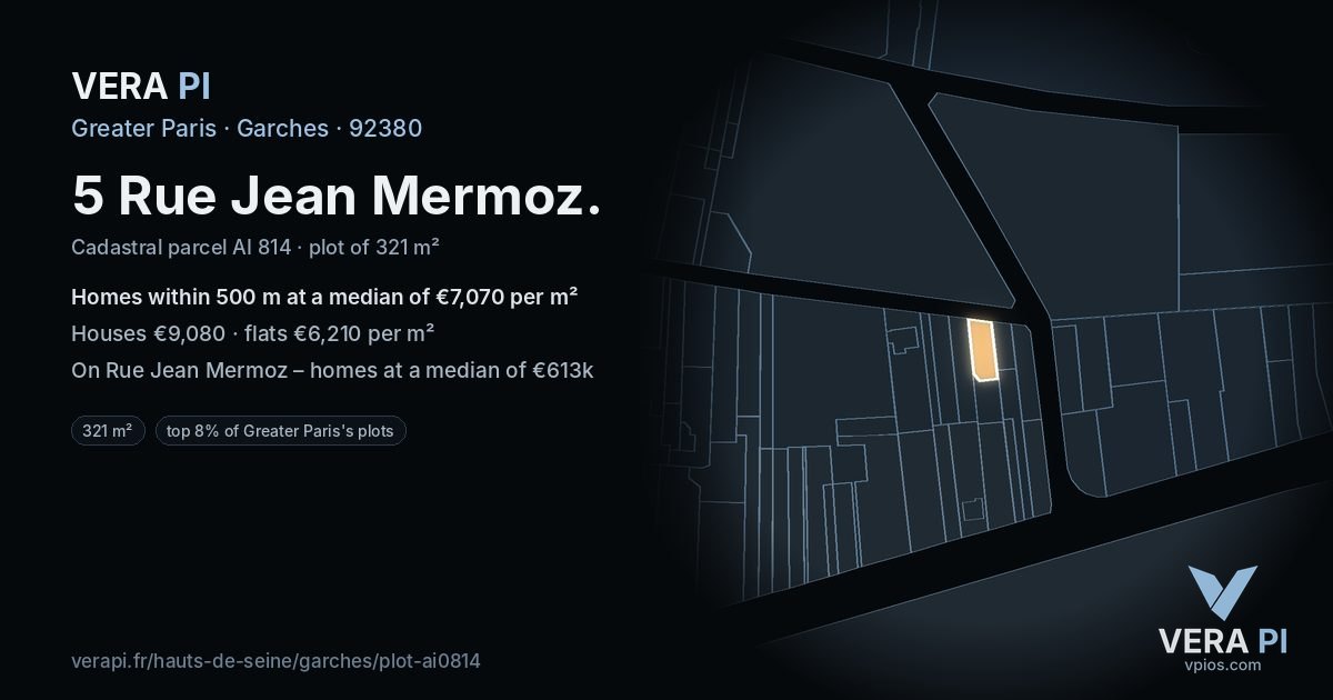 5 Rue Jean Mermoz, Garches at night – the plot lit, the parcels around coloured by the prices near them
