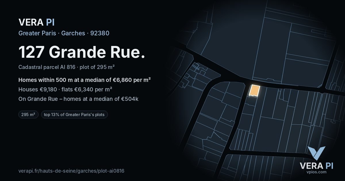 127 Grande Rue, Garches at night – the plot lit, the parcels around coloured by the prices near them