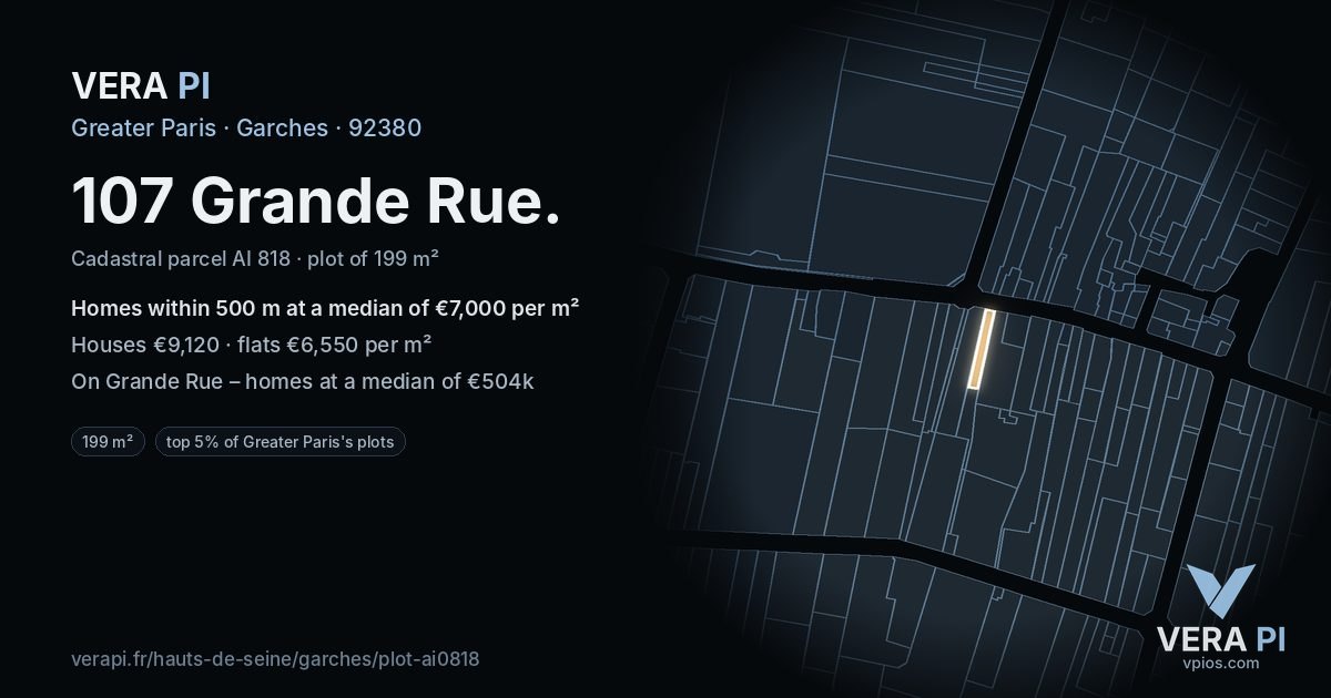 107 Grande Rue, Garches at night – the plot lit, the parcels around coloured by the prices near them