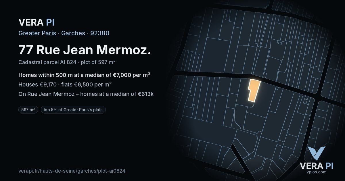 77 Rue Jean Mermoz, Garches at night – the plot lit, the parcels around coloured by the prices near them