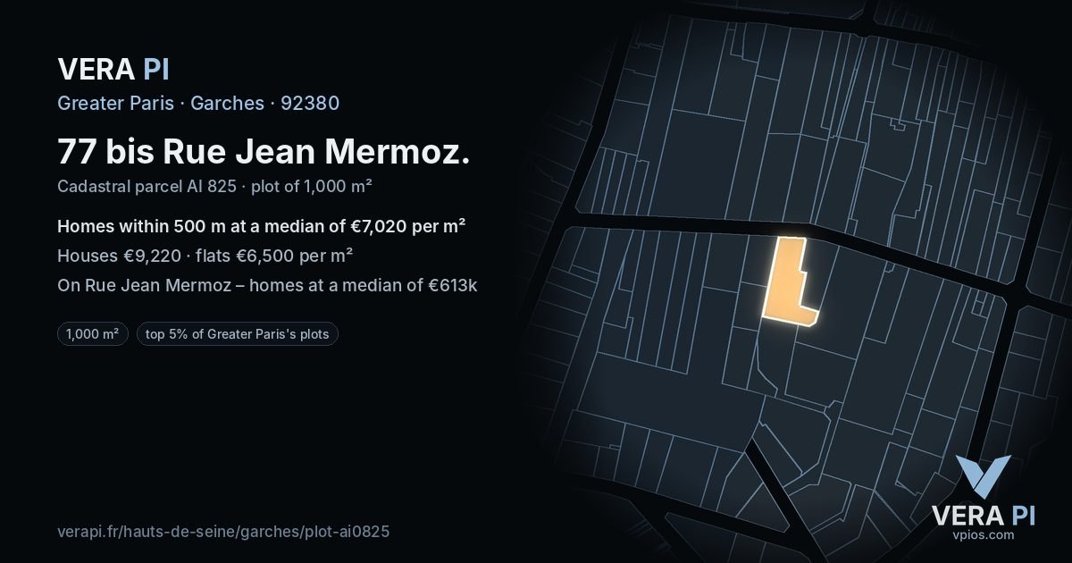 77 bis Rue Jean Mermoz, Garches at night – the plot lit, the parcels around coloured by the prices near them