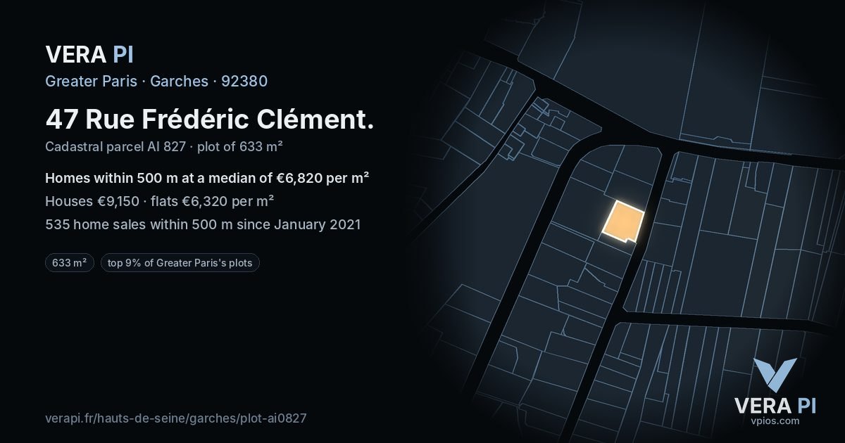 47 Rue Frédéric Clément, Garches at night – the plot lit, the parcels around coloured by the prices near them