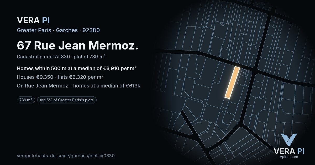 67 Rue Jean Mermoz, Garches at night – the plot lit, the parcels around coloured by the prices near them