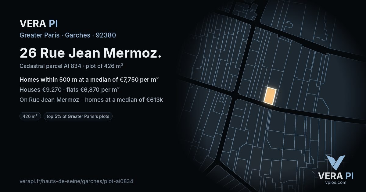 26 Rue Jean Mermoz, Garches at night – the plot lit, the parcels around coloured by the prices near them