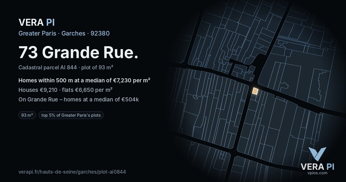73 Grande Rue, Garches at night – the plot lit, the parcels around coloured by the prices near them