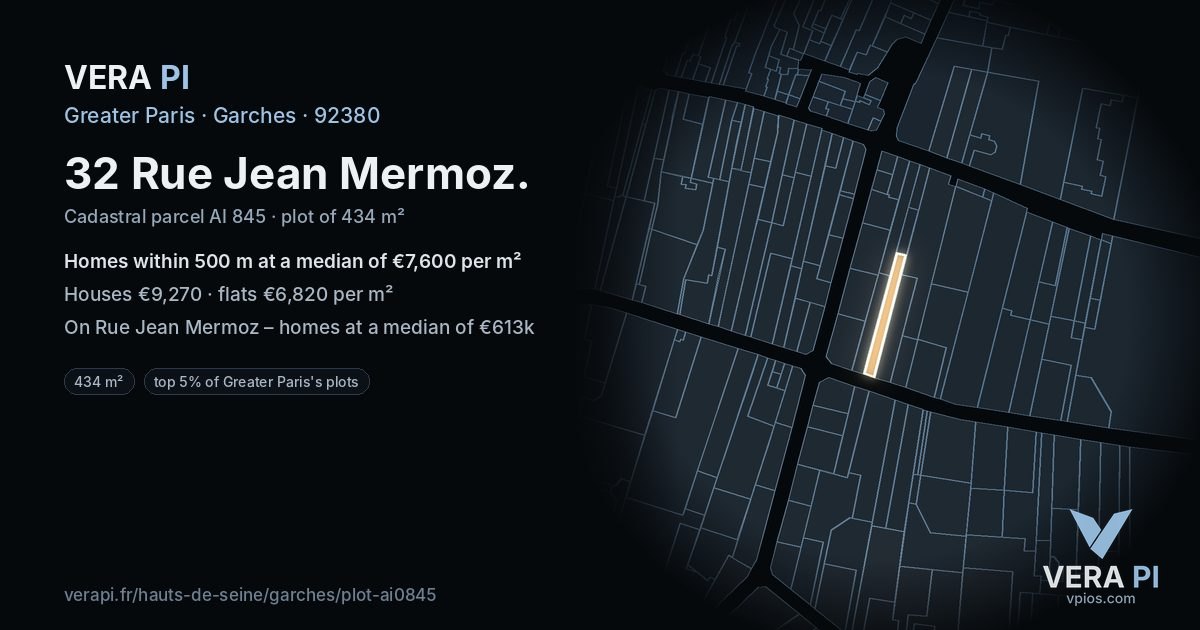 32 Rue Jean Mermoz, Garches at night – the plot lit, the parcels around coloured by the prices near them