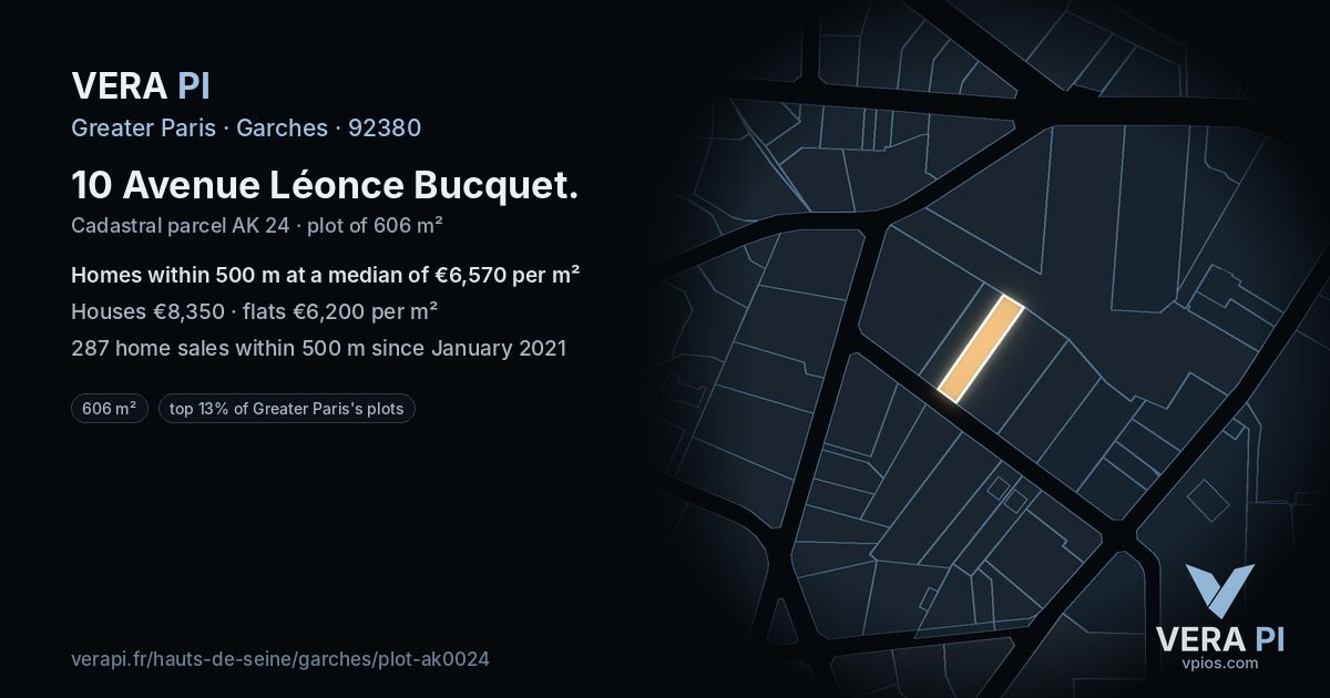 10 Avenue Léonce Bucquet, Garches at night – the plot lit, the parcels around coloured by the prices near them
