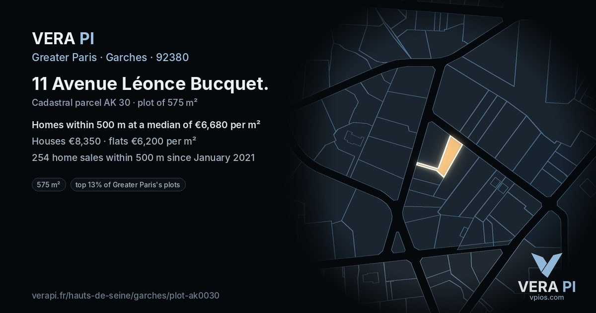 11 Avenue Léonce Bucquet, Garches at night – the plot lit, the parcels around coloured by the prices near them