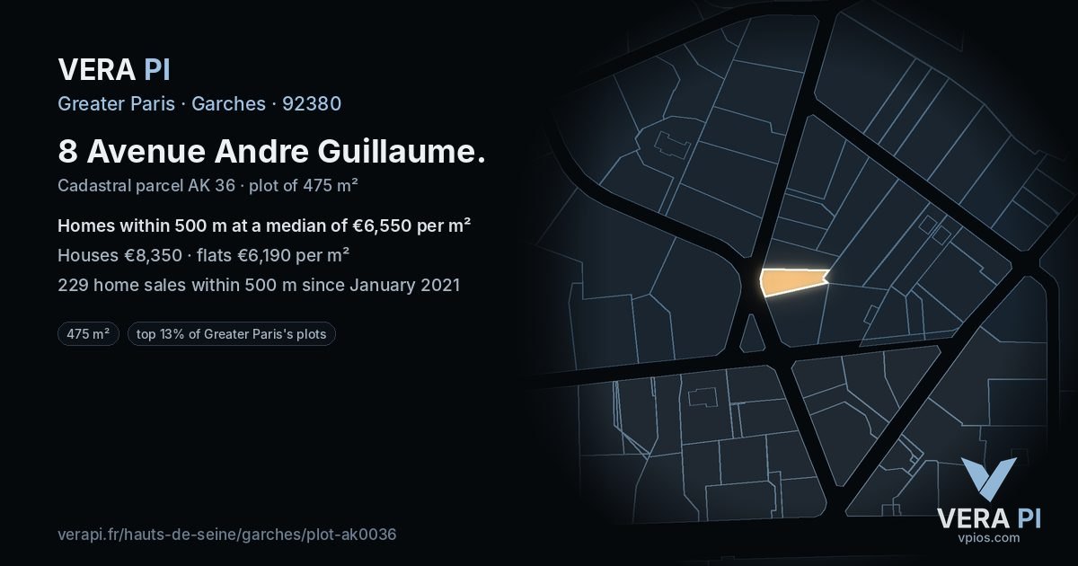 8 Avenue Andre Guillaume, Garches at night – the plot lit, the parcels around coloured by the prices near them