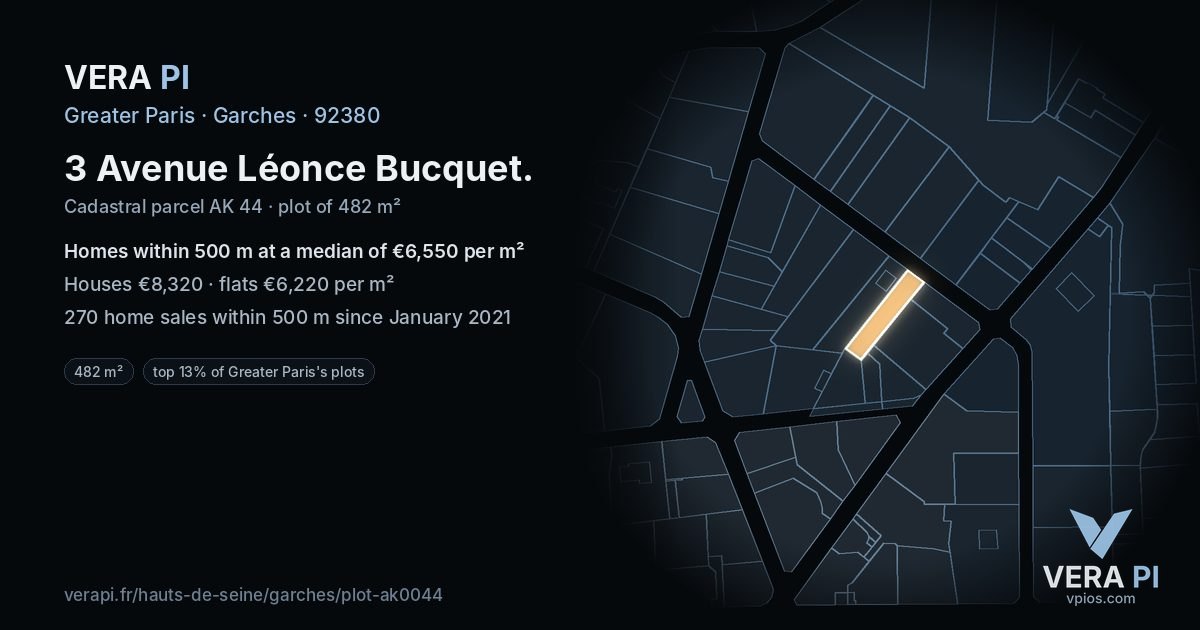 3 Avenue Léonce Bucquet, Garches at night – the plot lit, the parcels around coloured by the prices near them