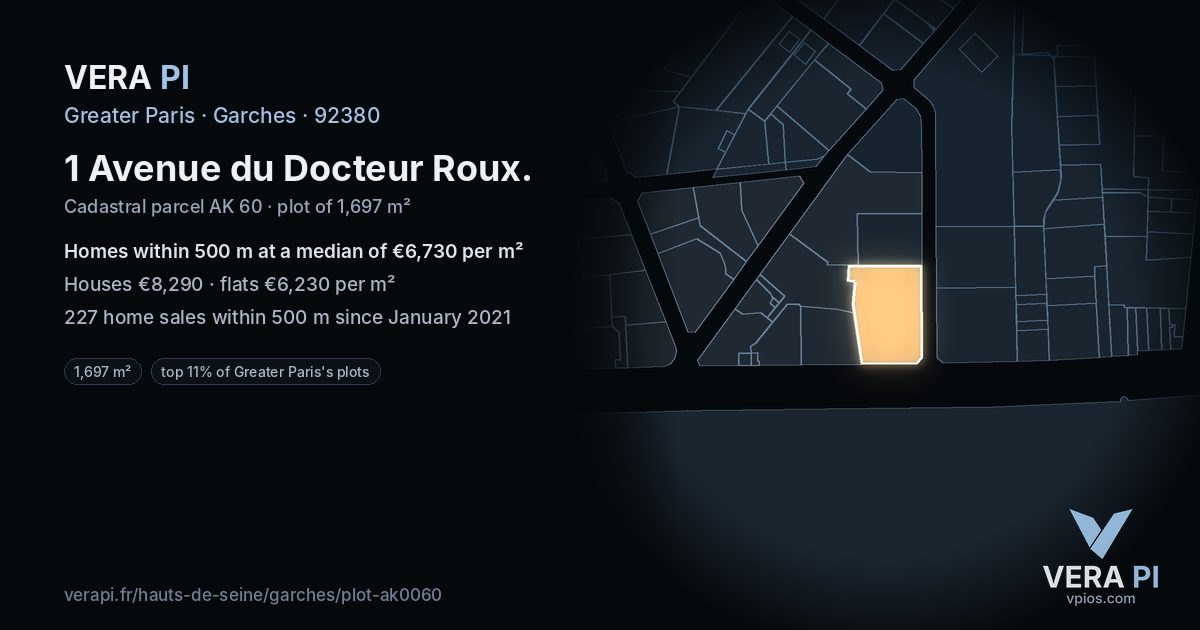 1 Avenue du Docteur Roux, Garches at night – the plot lit, the parcels around coloured by the prices near them
