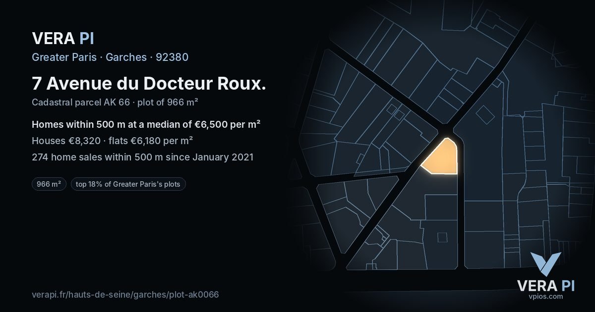 7 Avenue du Docteur Roux, Garches at night – the plot lit, the parcels around coloured by the prices near them