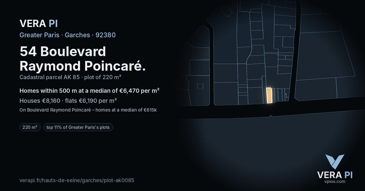 54 Boulevard Raymond Poincaré, Garches at night – the plot lit, the parcels around coloured by the prices near them
