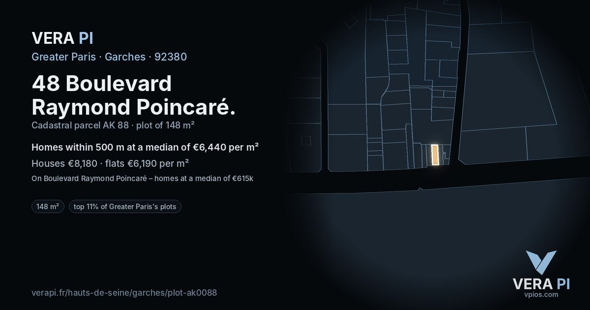 48 Boulevard Raymond Poincaré, Garches at night – the plot lit, the parcels around coloured by the prices near them
