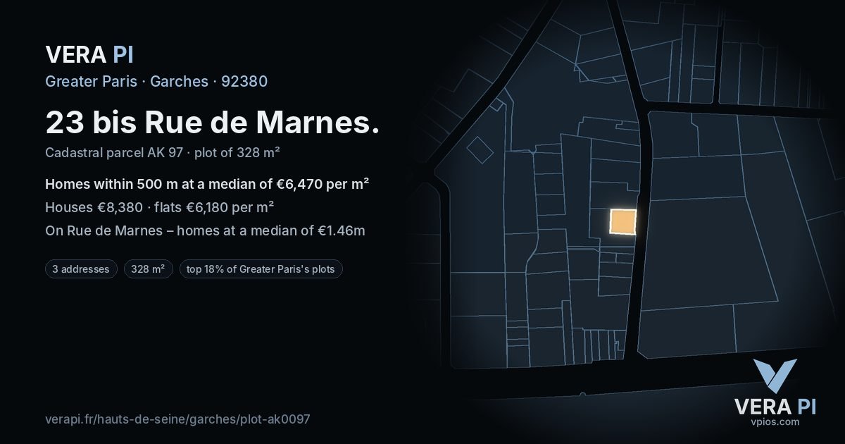 23 bis Rue de Marnes, Garches at night – the plot lit, the parcels around coloured by the prices near them