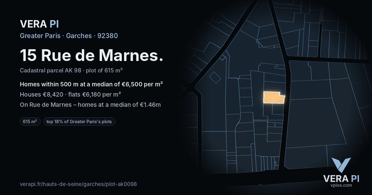 15 Rue de Marnes, Garches at night – the plot lit, the parcels around coloured by the prices near them