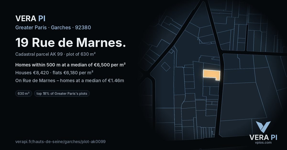 19 Rue de Marnes, Garches at night – the plot lit, the parcels around coloured by the prices near them