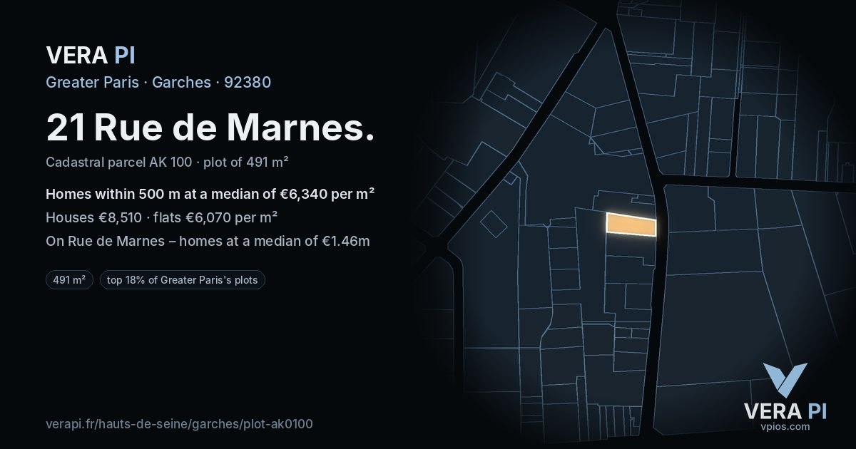 21 Rue de Marnes, Garches at night – the plot lit, the parcels around coloured by the prices near them