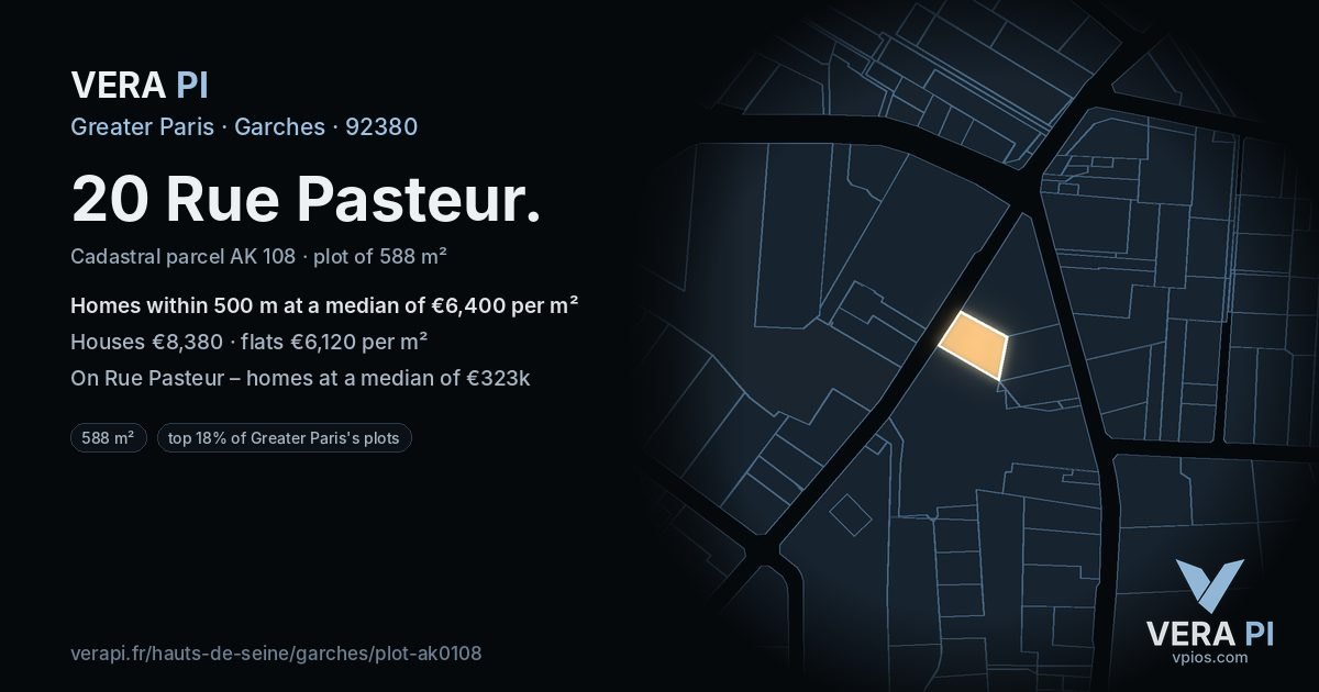 20 Rue Pasteur, Garches at night – the plot lit, the parcels around coloured by the prices near them