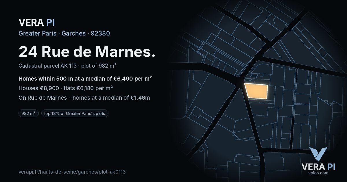 24 Rue de Marnes, Garches at night – the plot lit, the parcels around coloured by the prices near them